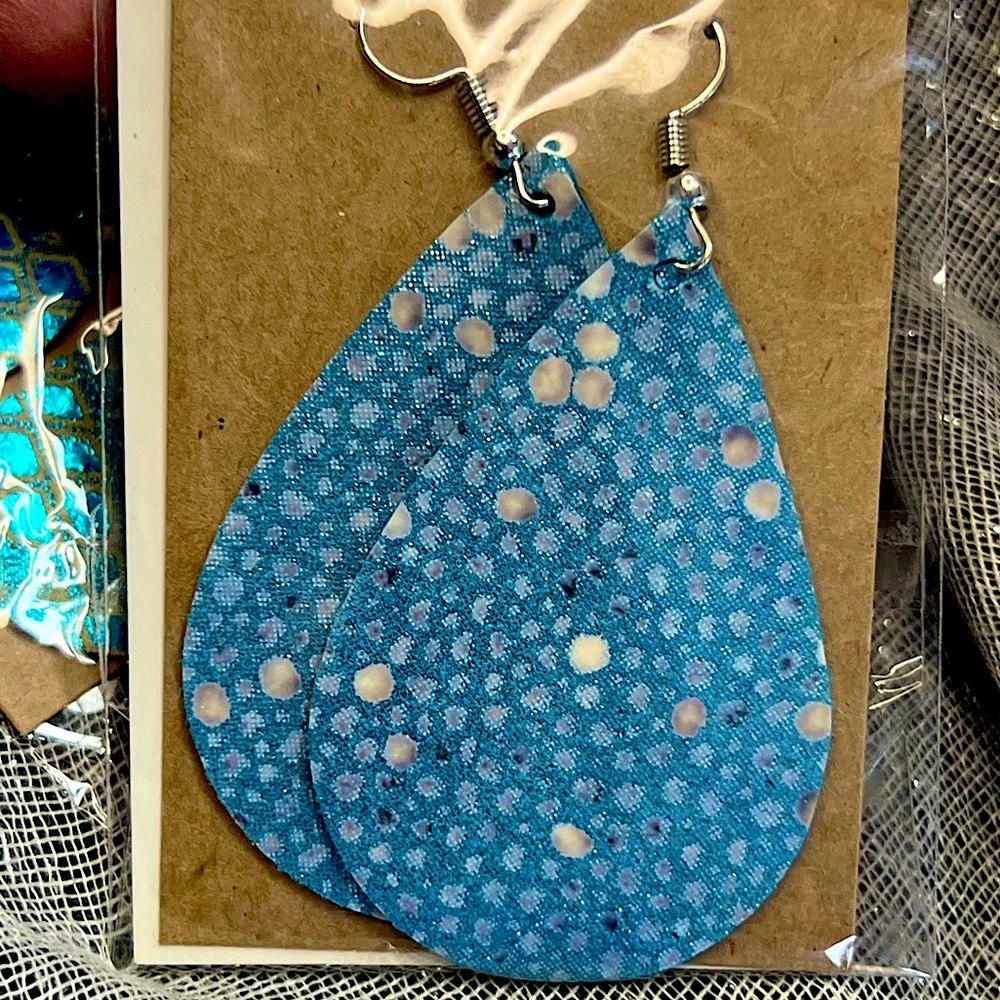 Hand Crafted Genuine Leather Earrings raindrop hypoallergenic blue cream sparkle